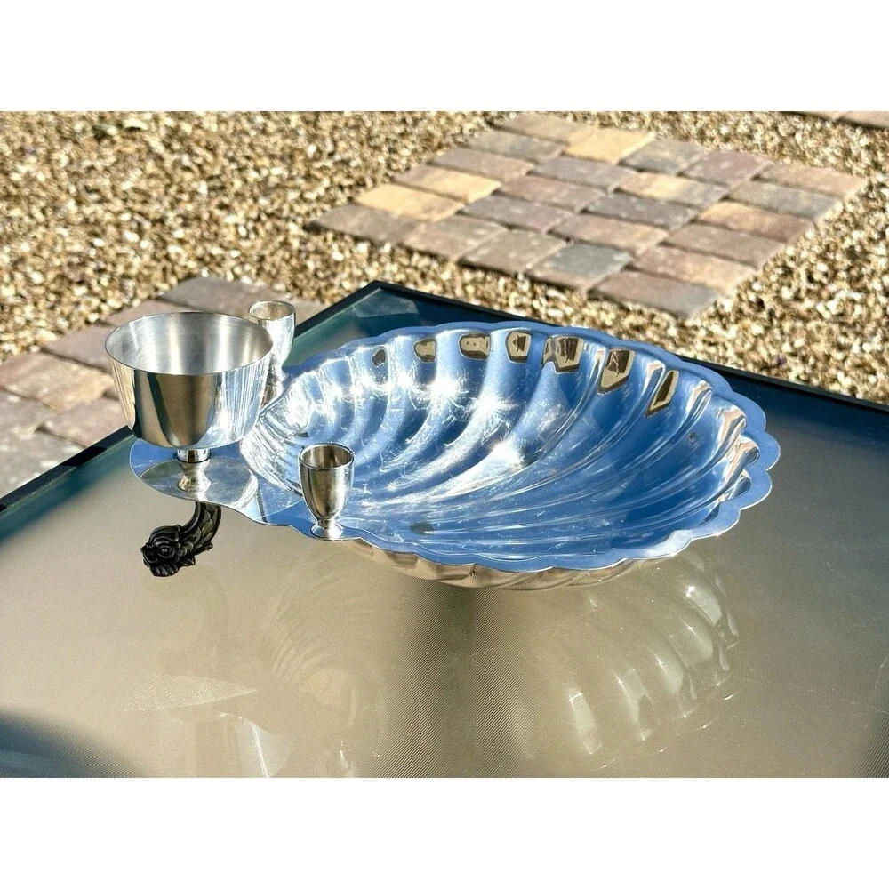 Vtg Silverplate Scallop Shell Shrimp Cocktail Server Dish 3 Cup Dolphin Handle